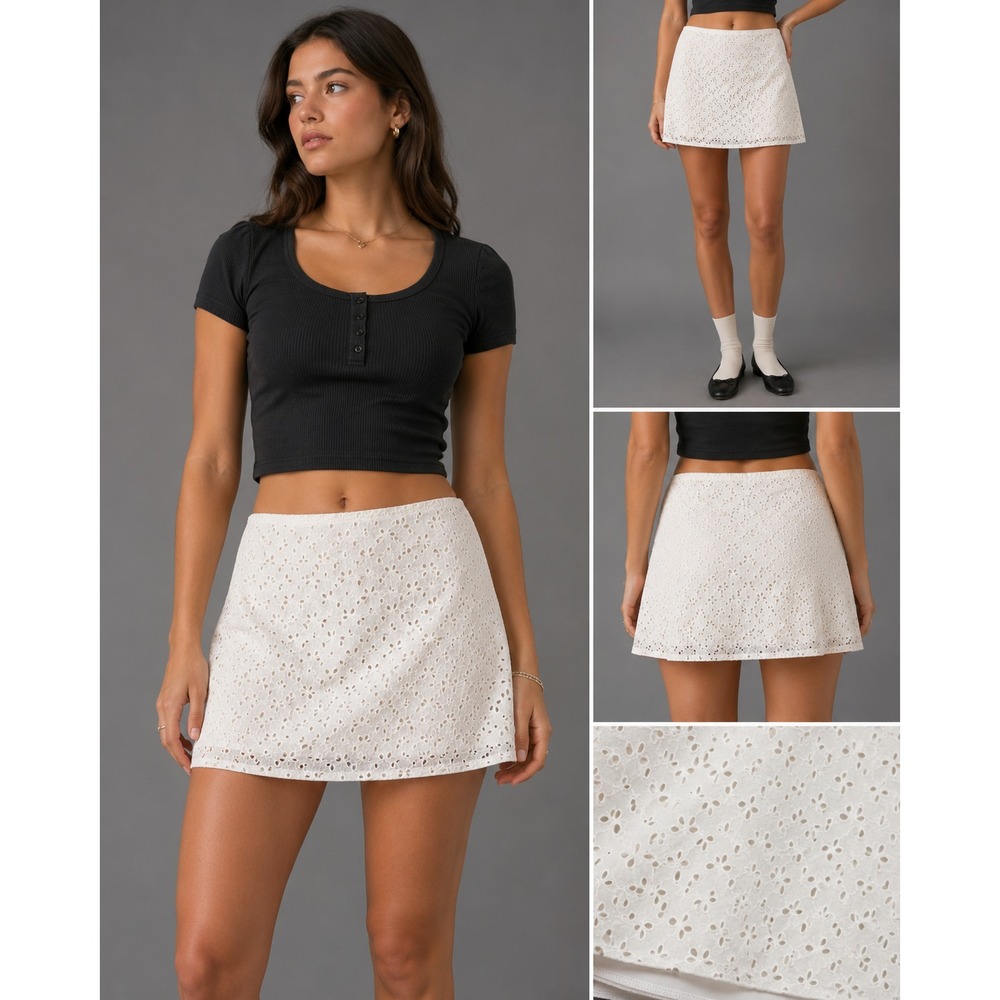 Twenty One Women's White Eyelet A-Line Mini Skirt Size S Cotton Lined Casual